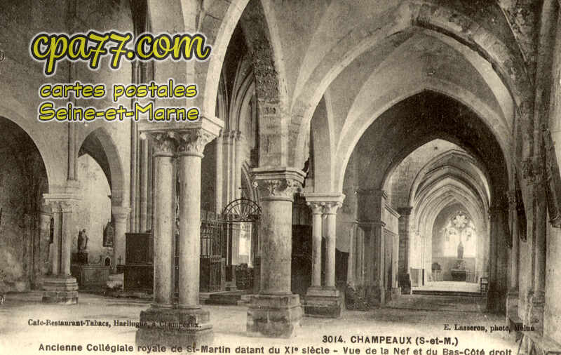 Champeaux (Seine-et-Marne) - Ancienne Collégiale royale de St-Martin du XIe siècle. Vue de la Nef et du Bas-Côté droit