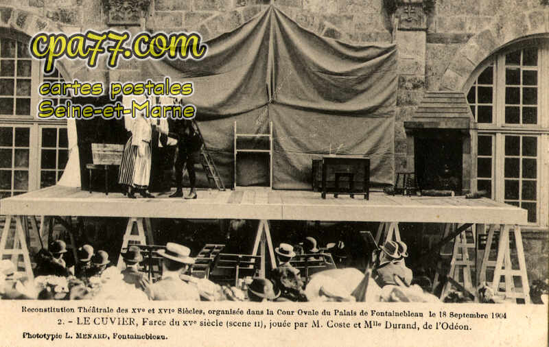 Fontainebleau (Seine-et-Marne) - Le Cuvier, Farce du 15e siècle (scène II), jouée par M. Coste et Melle Durand, de l&rsquo;Odéon, le 18 Septembre 1904