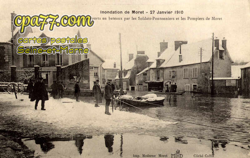 Moret Sur Loing (Seine-et-Marne) - Inondation du 27 Janvier 1910 – Service de transports en bateaux par les Soldats-Pontonniers et les Pompiers de Moret