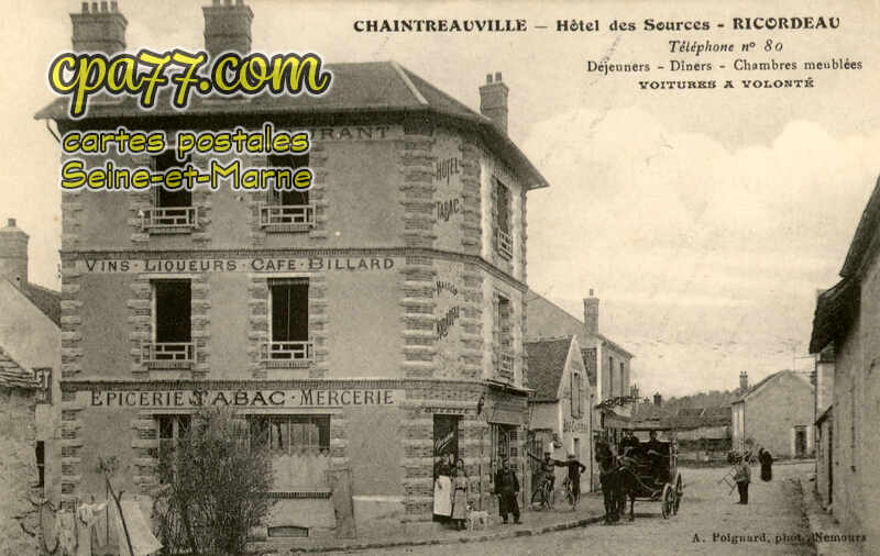 St Pierre Lès Nemours (Seine-et-Marne) - Hôtel des Sources – Ricordeau – Téléphone n° 80 – Déjeuners – Dîners – Chambres meublés – Voitures à volonté