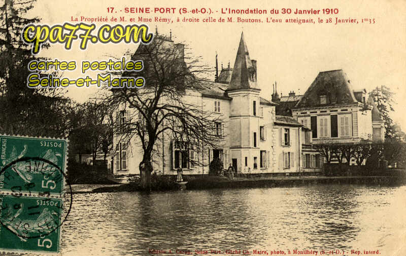 Seine Port (Seine-et-Marne) - L&rsquo;Inondation du 30 Janvier 1910 – La Propriété de M. et Mme Rémy, à droite celle de M. Boutons. L&rsquo;eau atteignait, le 28 Janvier, 1m35